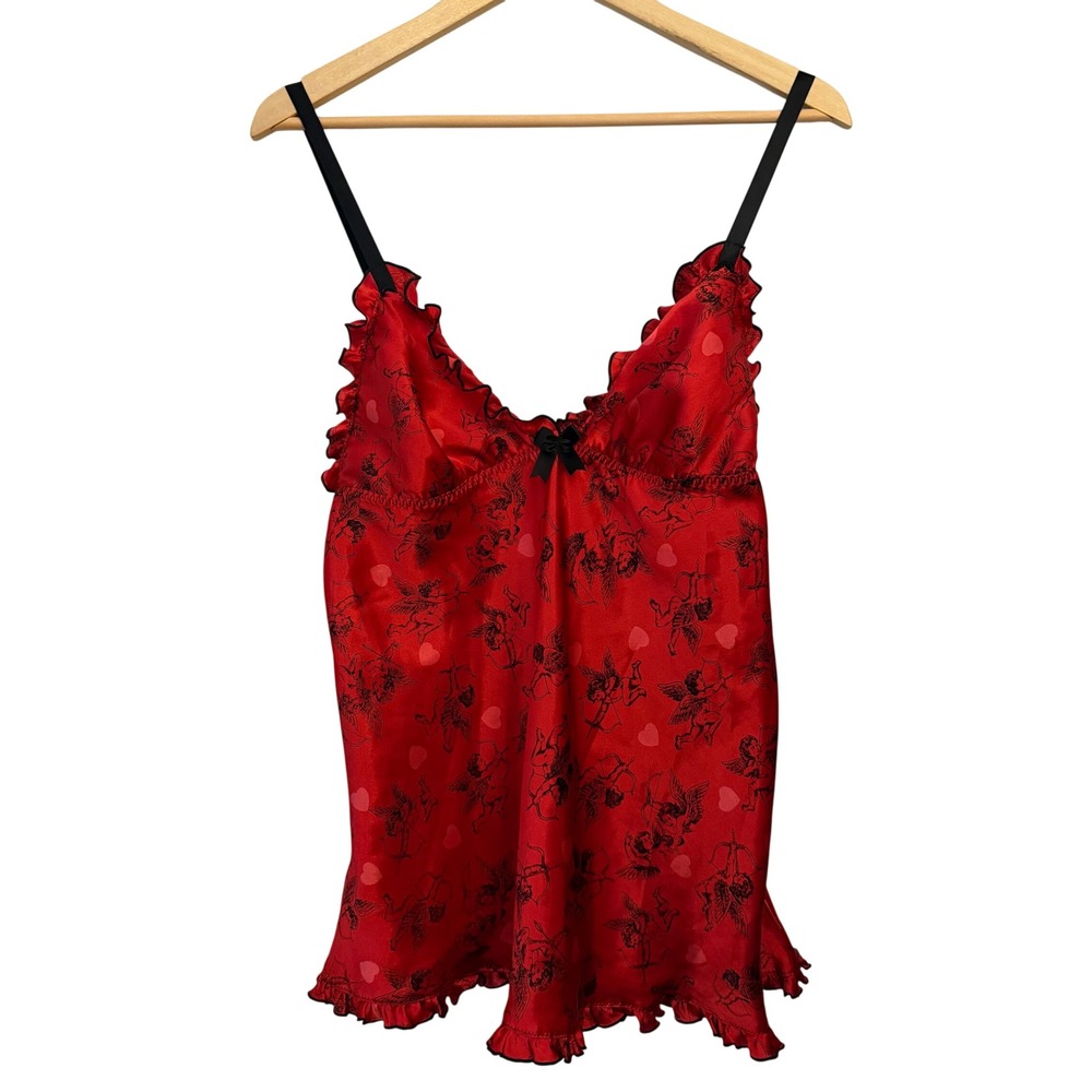 Frederick's of Hollywood Chemise Women XL Red Excellent Cherub Heart Ruffle Bow